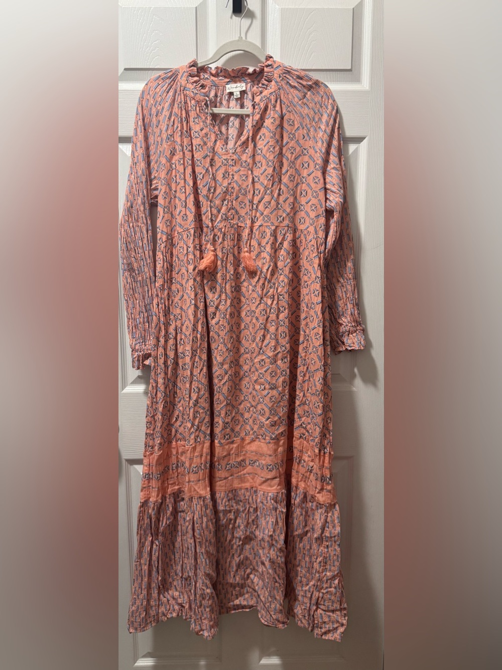 Wonderly Peach and Blue Printed Long Sleeve Tassel Dress